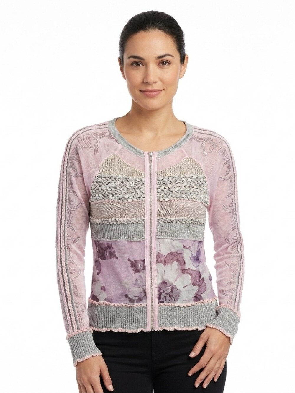 Tricotto Mixed Media Front Zip Artisan Style Long Sleeve